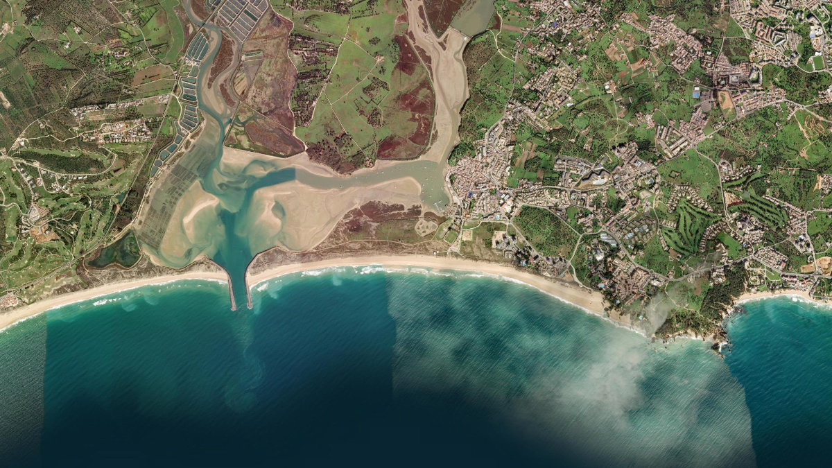 Satellite view of the Alvor estuary and beach in the Algarve