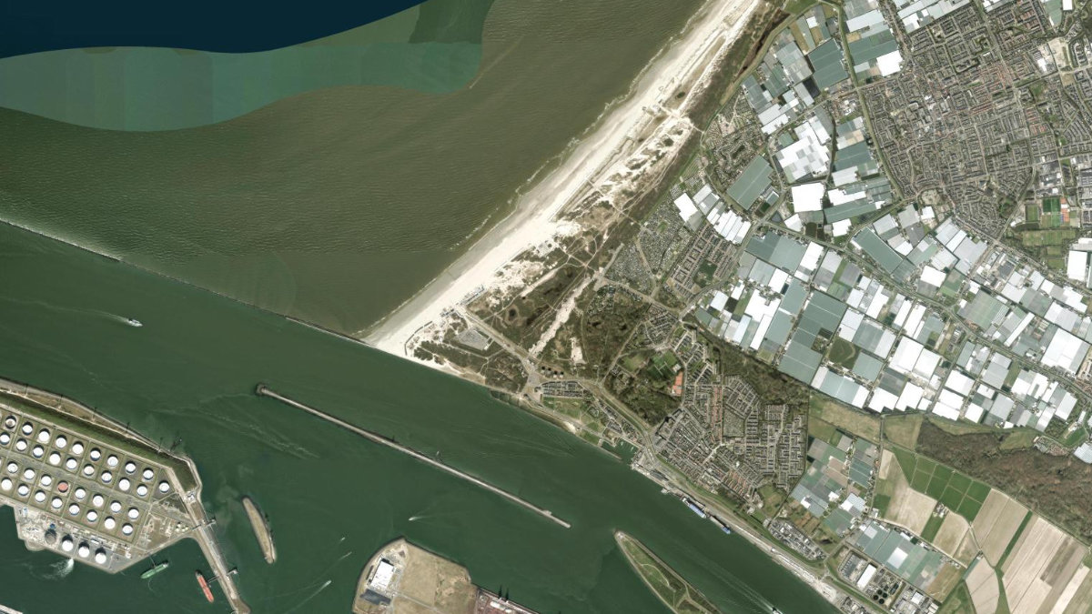 Satellite view of the beach and Nieuwe Waterweg at Hoek van Holland, near Rotterdam